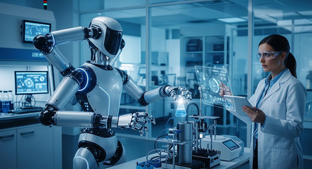Technician woman working with futuristic robot in laboratory. 3D renderingの素材