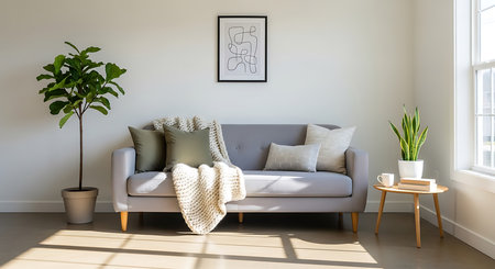 Living room interior with white sofa, coffee table and potted plants. 3d renderの素材