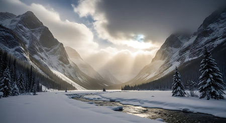 Sunset over a frozen mountain lake in Banff National Park, Alberta, Canadaの素材