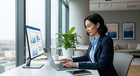 businesswoman analyzing investment charts on computer monitor in office and looking awayの素材