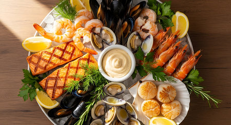 Seafood platter with seafood on wooden table, top viewの素材