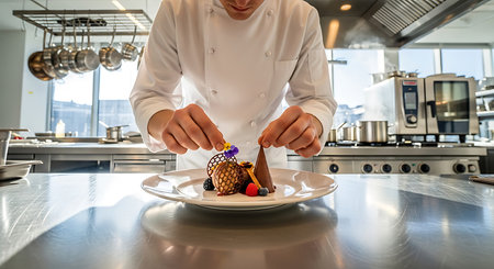 Chef decorating a chocolate cake on a plate in a restaurant kitchenの素材