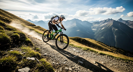 Businessman sitting at desk with glowing graphs and charts. 3D renderingの素材