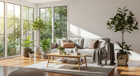 Interior of modern living room with sofa, coffee table and plants. 3d renderの素材