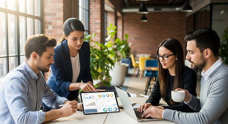 Side view of young businesswoman using laptop while sitting at workplace in officeの素材
