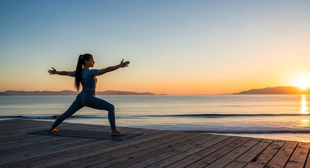 Young woman practicing yoga on the beach at sunrise. Healthy lifestyle concept.の素材