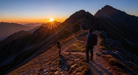 Young woman practicing yoga on a cliff at sunset with copyspaceの素材
