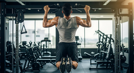 Back view of man doing pull-ups on bar in the gymの素材