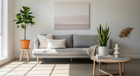 Interior of modern living room with white sofa, coffee table and plantの素材