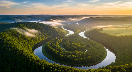 Aerial view of the river and forest at sunrise. Beautiful summer landscapeの素材