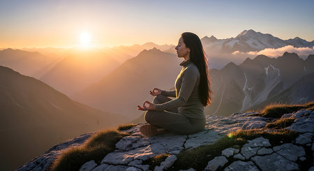 Woman meditating in the lotus position on the top of a mountain during sunriseの素材