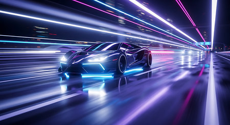 sports car on the road with motion blur background. 3d renderingの素材