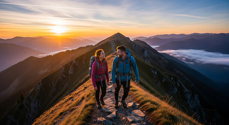 Couple hiking in the mountains at sunset. Concept of active and healthy lifestyleの素材