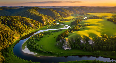 Aerial view of river and forest at sunset. Beautiful summer landscapeの素材