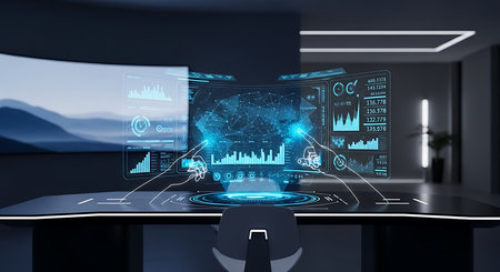 Futuristic user interface with graphs and charts on a black table. 3d renderingの素材