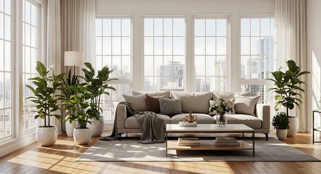 modern bright interiors apartment living room 3D rendering computer generated imageの素材