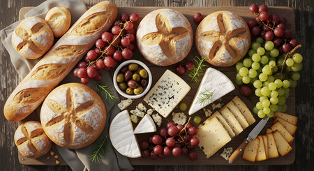 Cheese platter with grapes, olives and bread. Top viewの素材