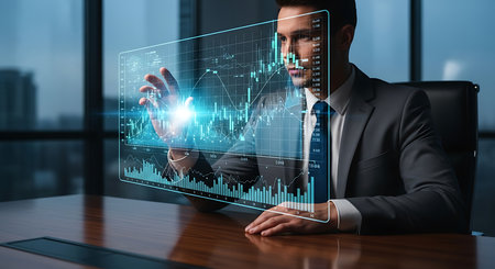 Businessman working with financial charts and graphs on the virtual screen.の素材