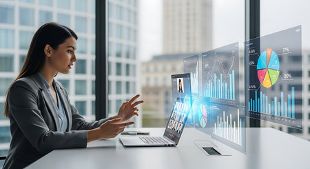 businesswoman working with laptop in modern office and virtual panel with chartの素材