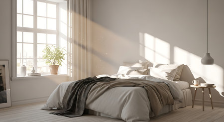 interior with white walls, wooden floor and comfortable king size bed. 3d renderの素材