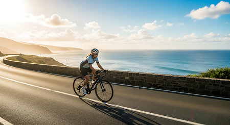 Cyclist riding a bike on the road along the sea.の素材