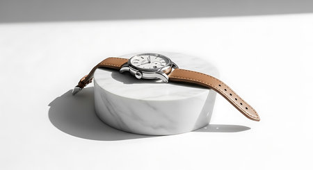 Wristwatch on a white marble podium. 3D rendering.の素材