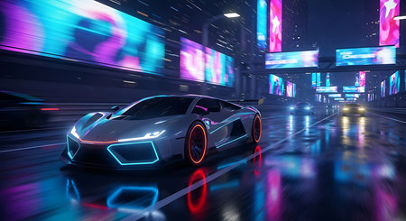 Sport car on the road in the city at night. 3d renderingの素材