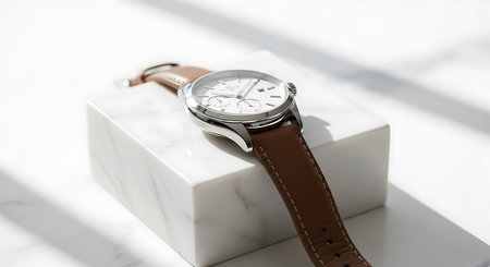 Wristwatch with brown leather strap on a white square and white backgroundの素材