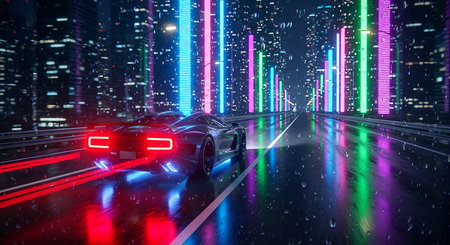 Car driving fast on the road with neon lights. 3d renderingの素材