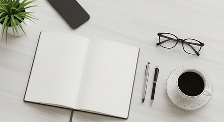 Top view of modern workplace with blank notebook, smartphone, glasses and coffee cup. Mock upの素材