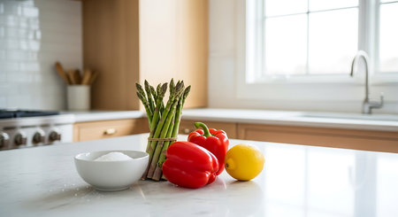 Vegetables on a white marble table in a modern kitchen.の素材