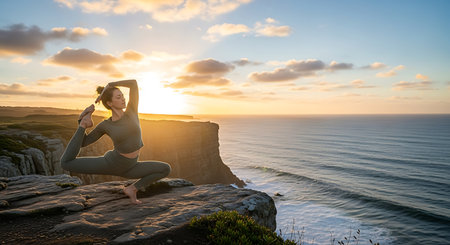 Young woman practicing yoga on the top of a cliff at sunset.の素材