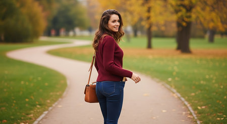Young woman walking in autumn park. Smiling girl with brown bag in her hand.の素材