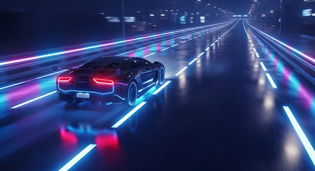 car on the road with motion blur background. 3d rendering.の素材