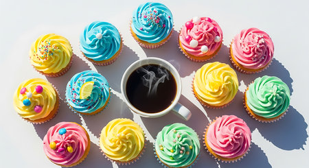 Cup of coffee and colorful cupcakes on a white background.の素材