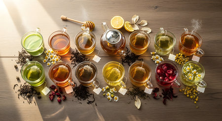 Herbal tea with lemon and chamomile on wooden tableの素材