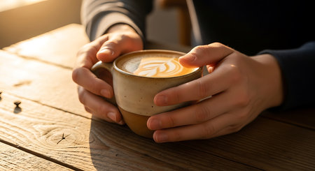 Female hands holding a cup of latte art coffee on wooden tableの素材