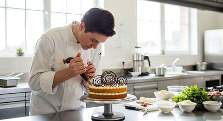 Young male chef decorating a cake in the kitchen of a restaurantの素材