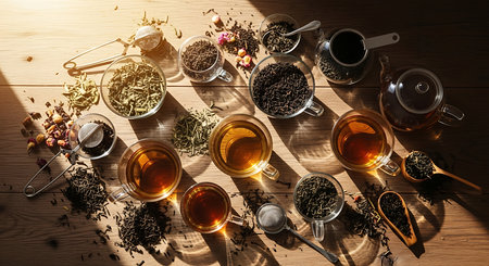 Various kinds of tea in teapot and cups on wooden tableの素材