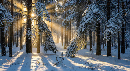 Beautiful winter landscape with sunbeams shining through the trees in the forestの素材