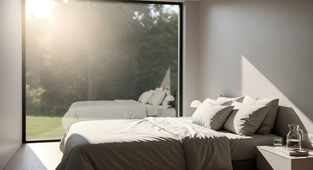 Modern bedroom interior design with large window and sunlight. 3D Renderingの素材