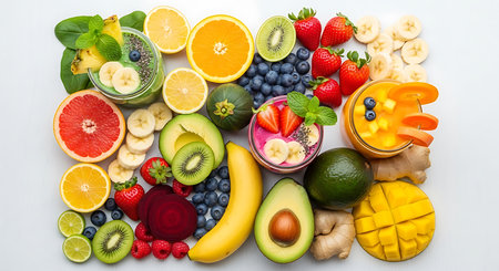 Healthy smoothie with fruits and berries on white background, top viewの素材