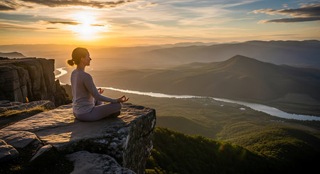 Young woman meditating in lotus pose on top of mountain.の素材