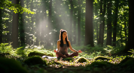 Young woman practicing yoga in the forest, healthy lifestyle and relaxation conceptの素材