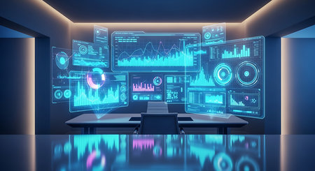 Futuristic office interior with infographics. 3D Renderingの素材