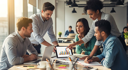 Group of multiethnic business people working together in modern office.の素材