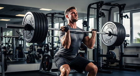 Muscular man lifting barbell in gym. Crossfit exercise.の素材