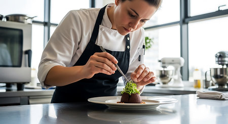 young female chef decorating chocolate cake with green salad in restaurant kitchenの素材