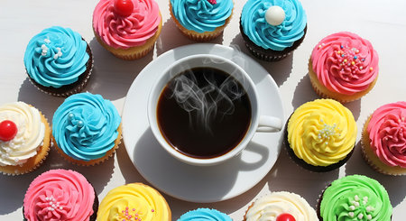 Cup of coffee with delicious cupcakes on table, top viewの素材