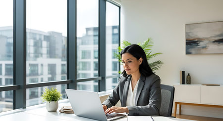 Beautiful businesswoman using laptop in office. Businesswoman working on computer at workplace.の素材